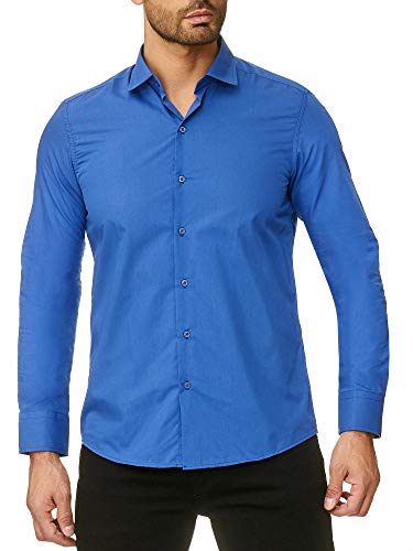 Reslad Herren Hemd Slim Fit Bügelfrei Freizeithemd Businesshemd Hochzeit Männer Hemden Anzug Uni Langarm RS-7002 Blau XXL von Reslad