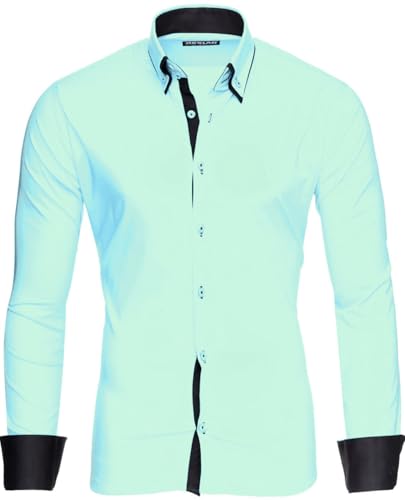 Reslad Herren Hemd bügelfrei Slim Fit Männer Freizeit Hemden Business Kontrast zweifarbig Langarm RS-7050 Mint Schwarz Gr XXL von Reslad