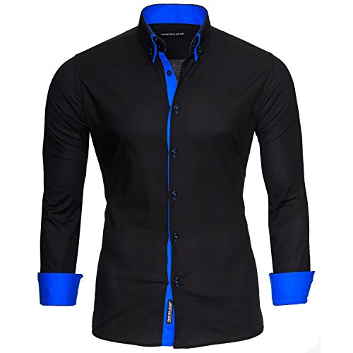 Reslad Herren Hemd bügelfrei Slim Fit Männer Freizeit Hemden Business Kontrast zweifarbig Langarm RS-7050 Schwarz Blau Gr S von Reslad