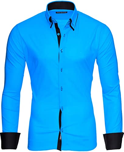 Reslad Herren Hemd bügelfrei Slim Fit Männer Freizeit Hemden Business Kontrast zweifarbig Langarm RS-7050 Türkis Schwarz Gr XXL von Reslad