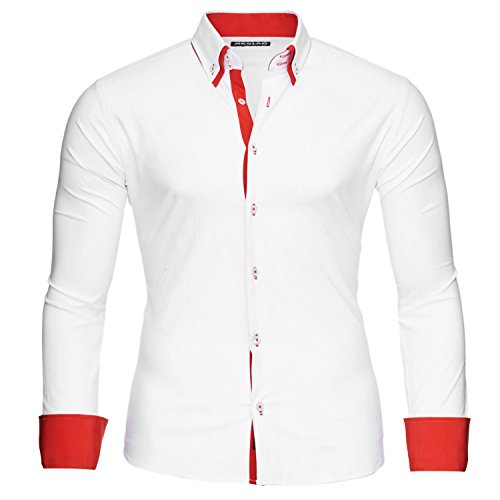 Reslad Herren Hemd bügelfrei Slim Fit Männer Freizeit Hemden Business Kontrast zweifarbig Langarm RS-7050 Weiß Rot Gr XXL von Reslad