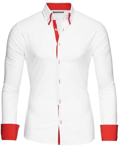 Reslad Herren Hemd bügelfrei Slim Fit Männer Freizeit Hemden Business Kontrast zweifarbig Langarm RS-7050 Weiß Rot Gr XXL von Reslad