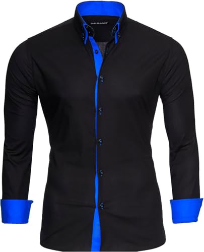 Reslad Herren Hemden bügelfreies Slim Fit Freizeithemd Männer Hemd Businesshemd zweifarbig 2 Kragen RS-7050 Schwarz Blau Gr L von Reslad