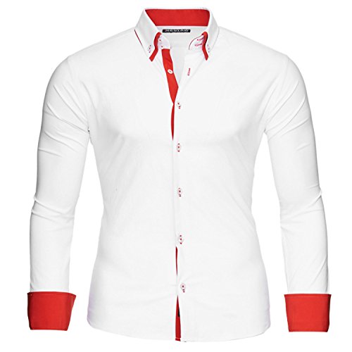 Reslad Herren Hemden bügelfreies Slim Fit Freizeithemd Männer Hemd Businesshemd zweifarbig 2 Kragen RS-7050 Weiß Rot Gr L von Reslad