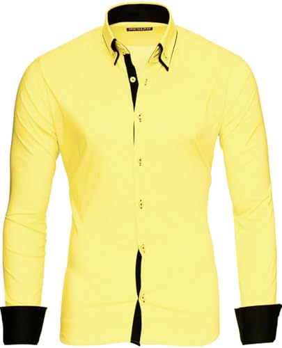 Reslad Herren Hemd Männer Hemden Slim Fit bügelfrei Freizeit Business Langarm 2 Knopf 2 Kragen RS-7050 Gelb Schwarz Gr XXL von Reslad