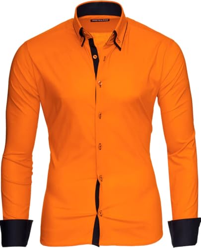 Reslad Herren Hemd bügelfrei Slim Freizeit Männer Hemden Business Herrenhemd zweifarbig Langarm RS-7050 Orange Schwarz Gr XXL von Reslad