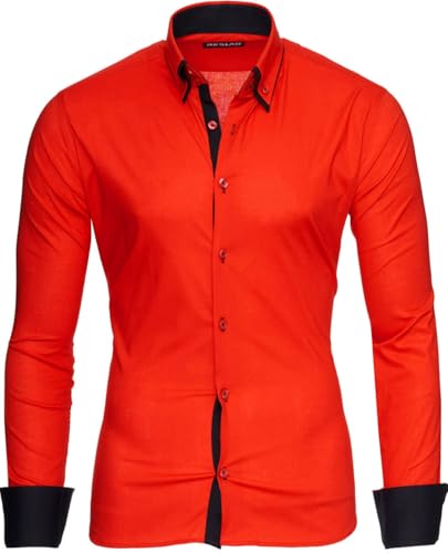 Reslad Männer Hemd bügelleicht Slim Fit Freizeithemden Business Herren Kontrast buntes Langarmhemd RS-7050 Rot Schwarz Gr M von Reslad