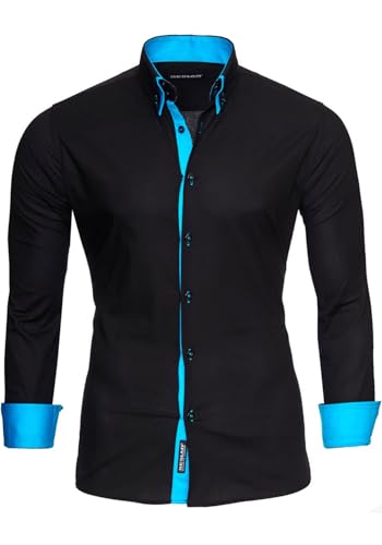 Reslad Herren Hemd Männer Hemden Slim Fit bügelfrei Freizeit Business Langarm 2 Knopf 2 Kragen RS-7050 Schwarz Türkis Gr XXL von Reslad