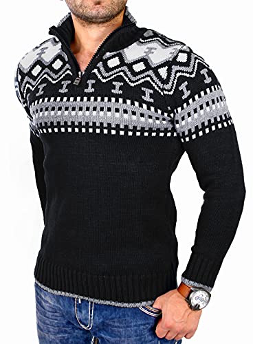 Reslad Herren Strickpullover Crewneck Zipper Norweger Pullover RS-3110 (3XL, Schwarz) von Reslad