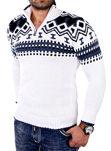 Reslad Herren Strickpullover Crewneck Zipper Norweger Pullover RS-3110 Weiß S von Reslad