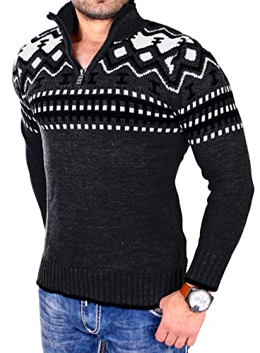 Reslad Herren Strickpullover Crewneck Zipper Winterpullover für Männer Norweger Pullover RS-3110 (2XL, Dunkelgrau) von Reslad