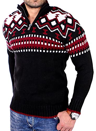 Reslad Herren Strickpullover Crewneck Zipper Winterpullover für Männer Norweger Pullover RS-3110 (2XL, Schwarz-Rot) von Reslad