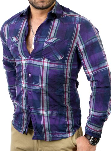 Reslad Herren Vintage Batik Style Knitter Karo Langarm Hemd RN-4054 Lila XL von Reslad