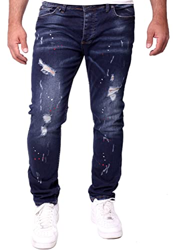 Reslad Jeans Herren Color-Splashes Stretch Denim Destroyed Jeanshose Männer-Hose Slim Fit RS-2101 Dunkelblau W34 / L32 von Reslad