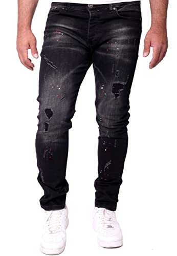 Reslad Jeans Herren Color-Splashes Stretch Denim Destroyed Jeanshose Männer-Hose Slim Fit RS-2101 Schwarz W33 / L32 von Reslad