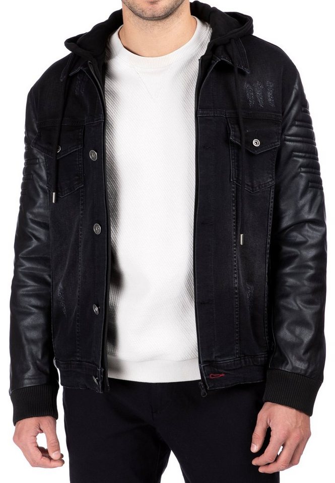 Reslad Jeansjacke Reslad Herren Jeansjacke Denim 2in1 Style Männer Jeans Jacke Übergangs (1-St., 2in1 Jeansjacke mit Lederärmel) Material-Mix Jeans Jacke mit Kapuze von Reslad