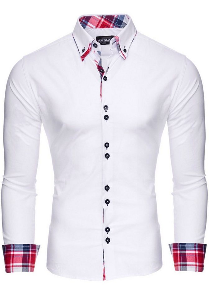 Reslad Langarmhemd Reslad Herren Hemd Button-Down Slim Fit Kontrast Langarmhemd RS-7015 (3-tlg) Doppelkragen Kontrast Karo Muster Hemden von Reslad