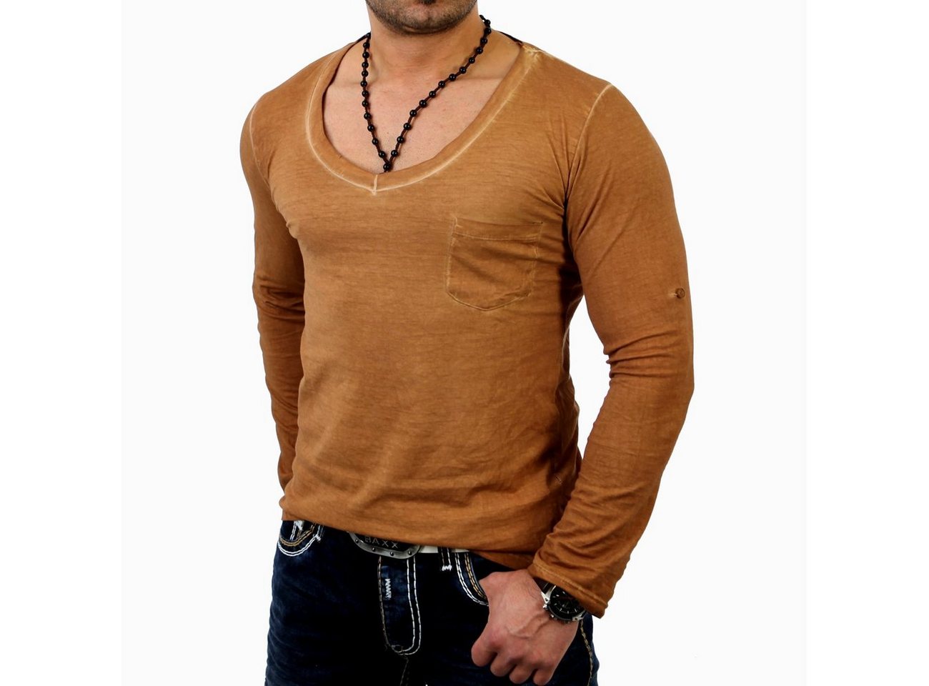 Reslad Langarmshirt Reslad Herren V-Neck Longshirt RS-4002 (1-tlg) Langarmshirt mit großem Auschnitt von Reslad