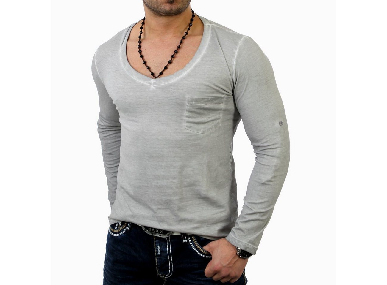 Reslad Langarmshirt Reslad Herren V-Neck Longshirt RS-4002 (1-tlg) Langarmshirt mit großem Auschnitt von Reslad