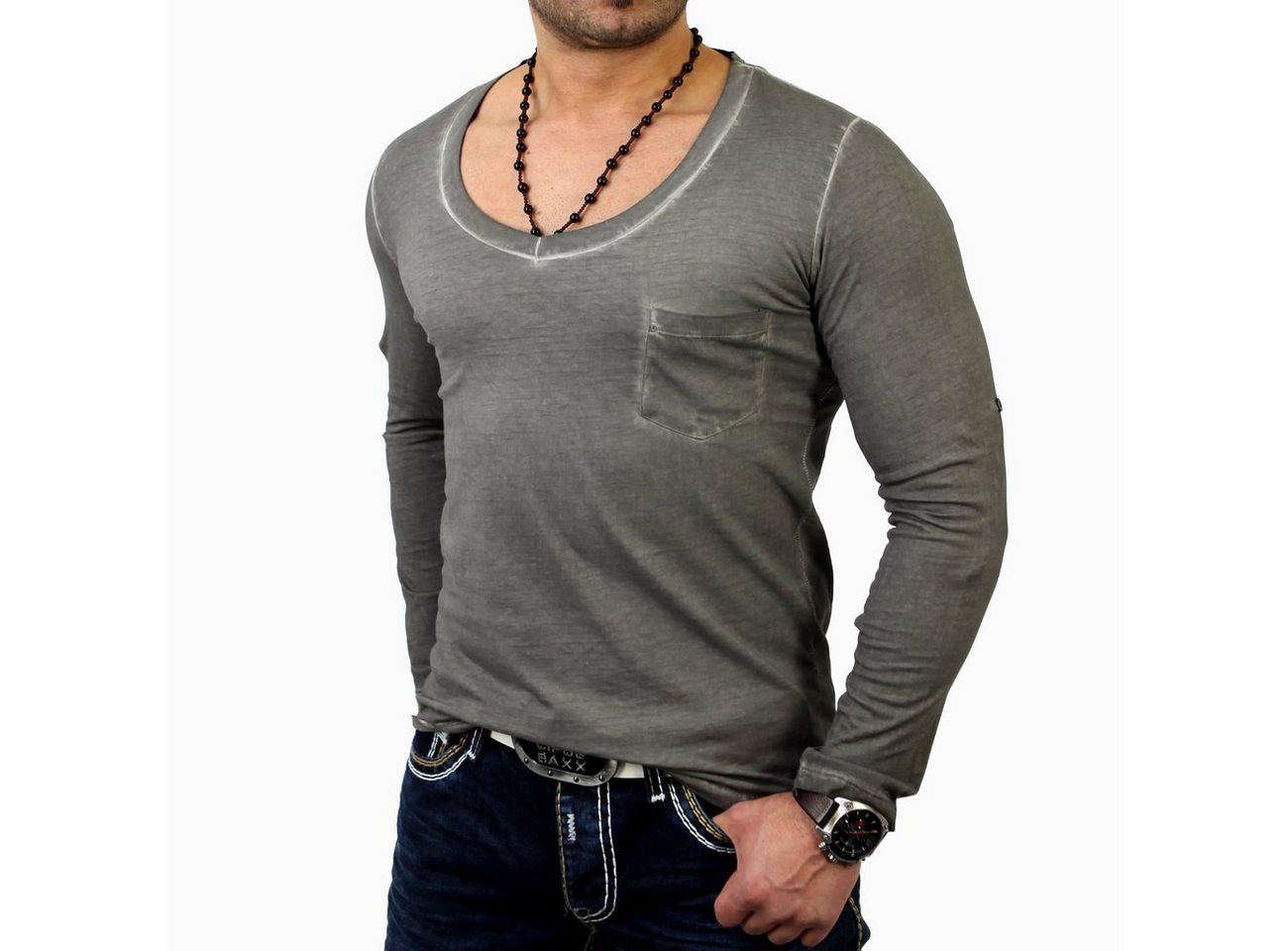 Reslad Langarmshirt Reslad Herren V-Neck Longshirt RS-4002 (1-tlg) Langarmshirt mit großem Auschnitt von Reslad