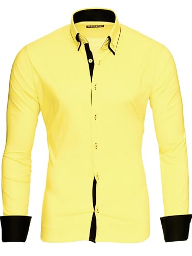 Reslad Männer Hemd bügelleicht Slim Fit Freizeithemden Business Herren Kontrast buntes Langarmhemd RS-7050 Gelb Schwarz Gr M von Reslad