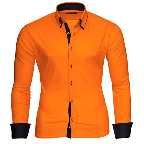 Reslad Männer Hemd bügelleicht Slim Fit Freizeithemden Business Herren Kontrast buntes Langarmhemd RS-7050 Orange Schwarz Gr XL von Reslad