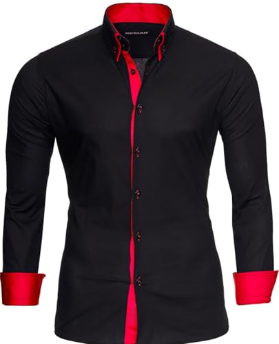 Reslad Männer Hemd bügelleicht Slim Fit Freizeithemden Business Herren Kontrast buntes Langarmhemd RS-7050 Schwarz Rot Gr XL von Reslad