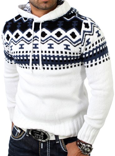 Reslad Norweger Pullover Herren Winterpullover Kapuzenpullover | Strickpullover für Männer RS-3013 (2XL, Weiß) von Reslad