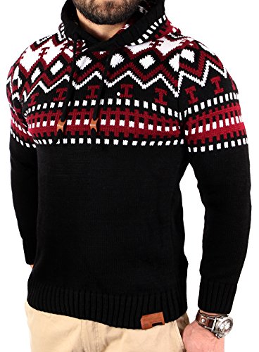 Reslad Norweger Pullover Herren Winterpullover Kapuzenpullover | Strickpullover für Männer RS-3013 (3XL, Schwarz-Rot) von Reslad