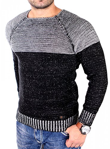 Reslad Strickpullover Herren Two Tone Rundhals Pullover Grobstrick RS-16081 (2XL, Schwarz) von Reslad