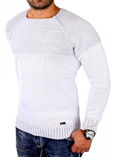 Reslad Strickpullover Herren Two Tone Rundhals Pullover Grobstrick RS-16081 (3XL, Weiß) von Reslad