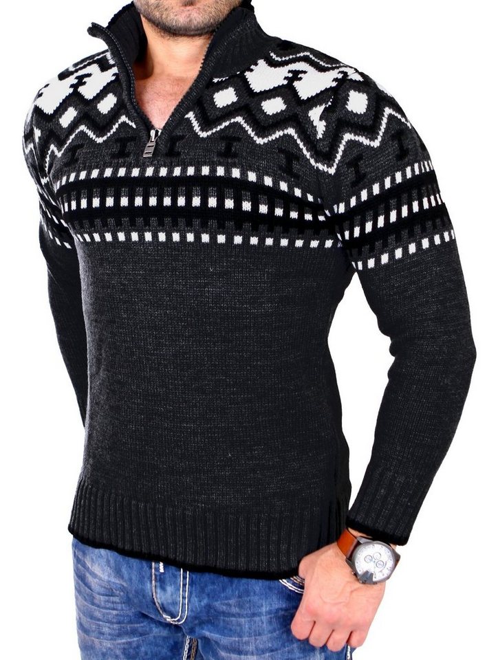 Reslad Strickpullover Reslad Herren Strickpullover Crewneck Zipper Norweger Pullover RS-3110 (1-tlg) Strickpullover Männer Norwegermuster Troyer von Reslad