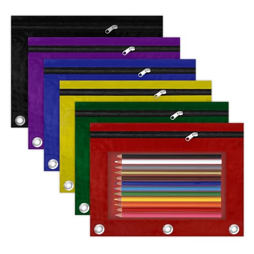 Federmäppchen für 3-Ring-Ordner, 6 Stück, mehrfarbige Reißverschluss-Federmäppchen mit Sichtfenster, Federmäppchen mit 3 Löchern, Federmäppchen mit Ösen für College, Bürobedarf von Respleiej