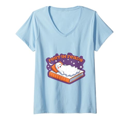 Damen Rest In Reads Lustiges Halloween-Herbst-Shirt mit Ghost Nap On Book T-Shirt mit V-Ausschnitt von Rest In Reads Tee Shirts for Halloween lovers