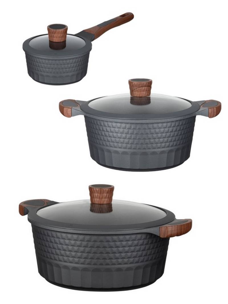 RESTO Kitchenware Topf-Set "Capella mit Deckel, antihaftbeschichtet und spülmaschinenfest" Aluminiumguss Set, 1x Stielkasserolle Ø 16 cm, je 1x Bratentopf Ø 24 cm + Ø 28 cm, 6 Stk. tlg. Für alle Herdarten geeignet, auch Induktion, im Geschenkkarton von Resto Kitchenware