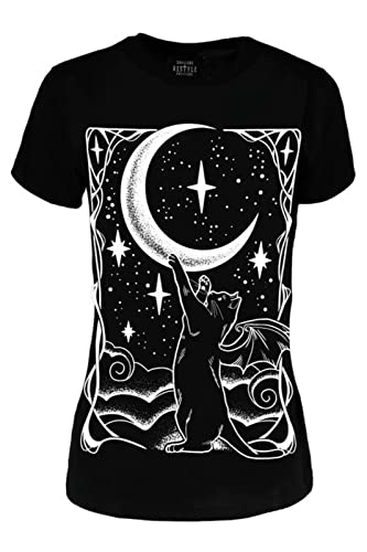 Restyle Cat Moon Crescent Schlankes Damen T-Shirt Gothic Occult Mystische Dunkle Fantasie Schwarzes Baumwolle T-Shirt mit kurzen Ärmeln von Restyle Clothing