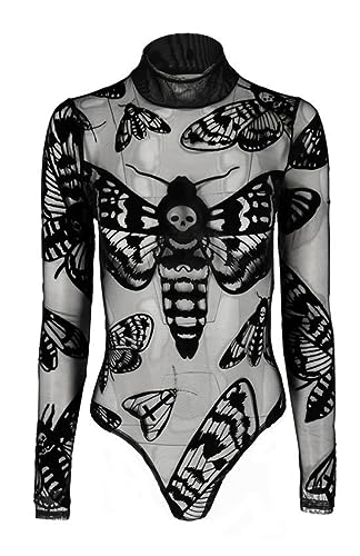 Restyle Clothing Death's Head Moth Damen Bodysuit Gotik Okkultes Hexenhaft Schwarzes Langärmeliges Top, Samt Mesh Bodysuit (XL) von Restyle Clothing