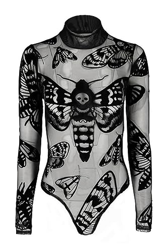 Restyle Clothing Death's Head Moth Damen Bodysuit Gotik Okkultes Hexenhaft Schwarzes Langärmeliges Top, Samt Mesh Bodysuit (XXL) von Restyle Clothing