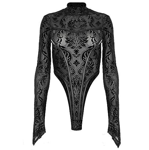 Restyle Clothing Femme Fatal Samt Damast Muster Gotic Bodysuit für Frauen, Schwarz , M/L von Restyle Clothing