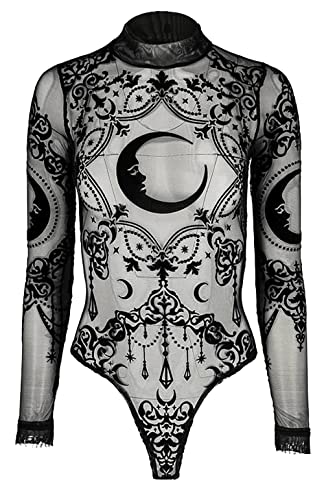 Restyle Raven Damen Body Gotische Okkulte Hexen Schwarzes Langärmeliges Top Samtweich Mesh Bodysuit mit Barockem Rabenmotiv (XL) von Restyle Clothing