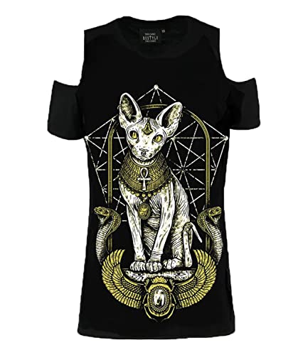 Sphinx Cat Damen T-Shirt Gotische Okkultes Mystische Dunkle Fantasie Schwarzes Baumwoll-T-Shirt mit kalten Schultern (as3, Alpha, 3X_l, Regular, Regular) von Restyle Clothing