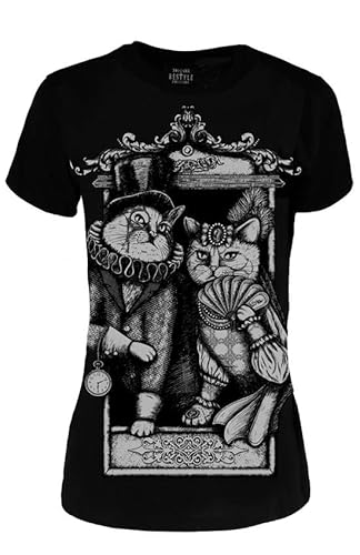 Restyle Cat Couple Damen-T-Shirt Gothic Victorian Dunkle Mode Schwarzes T-Shirt mit kurzen Ärmeln aus Baumwolle (as3, Alpha, 3X_l, Regular, Regular, 3XL) von Restyle