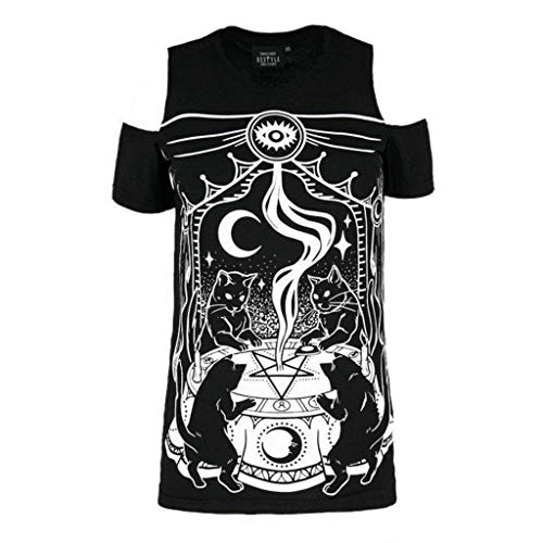 Restyle Cat Sabbath Gothic Occult Witch Schwarzes Damen Baumwoll-Kaltschulter-T-Shirt (XL) von Restyle