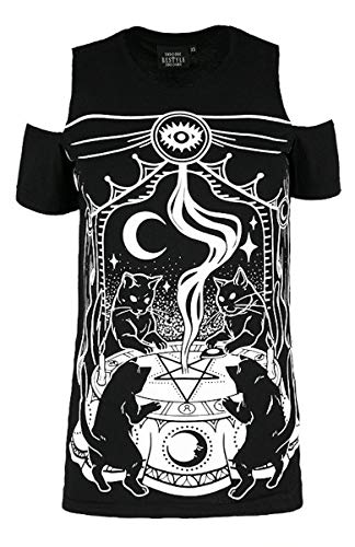 Restyle Cat Sabbath Wicca Witchcraft Cold Shoulder Top T-Shirt - (L) Black von Restyle