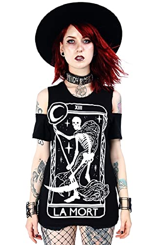 Restyle Goth La Mort Tarot Card Kalte Schulter Top - Schwarz (M - DE 38) von Restyle