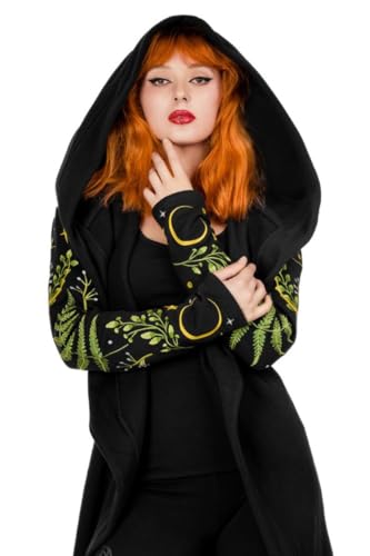 Restyle Herbal Gothic Damen Kapuzenpulli Okkulte Emo Dunkle Mode Schwarze Lange Jacke aus Baumwolle mit übergroßer Kapuze (as3, Alpha, 3X_l, Plus, Regular) von Restyle