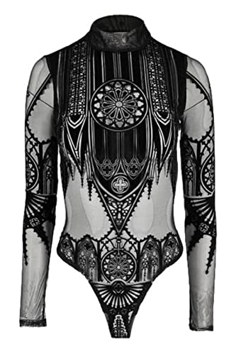 Restyle Umgekehrter Gotische Bodysuit aus Mesh-Samt mit Kathedrale Schwarzer Transparenter Kontrast Sexy, Schwarz, S von Restyle