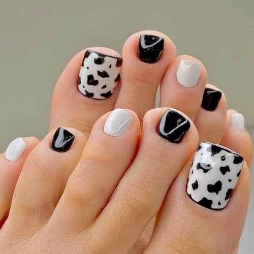 Resweky 24 stücke Französisch Quadrat gefälschte Fingernägel Schwarz Leopard Falsche Zehe Nägel Weiß Glänzend Druck auf Spitze Nail Tips für Frauen und Mädchen von Resweky