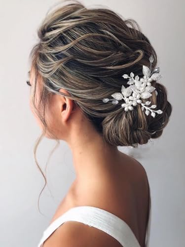 Resweky Braut Haarblume Pin Silber Perlen Bridal Hair Pieces Leaf Hair Pin Wedding Bride Haarschmuck für Frauen und Mädchen von Resweky