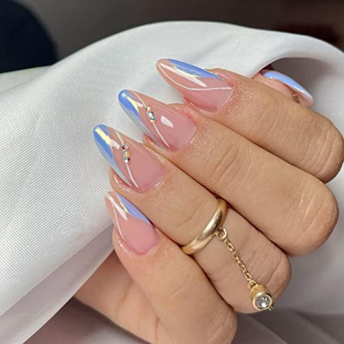 Resweky Gefälschte Mandel Ärmel Lange BluePink Glossy Falsche Nägel Sparkly Französisch Presse auf Nägeln Volle Abdeckung Acryl Nägel für Frauen Mädchen von Resweky